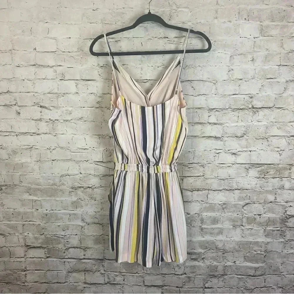 1 State Women's Medium Striped Spaghetti Strap Shorts Romper Pockets Pink Yellow